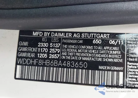 2011 Mercedes-Benz E 350 4Matic z USA, uszkodzony, nr VIN WDDHF8HB6BA483650